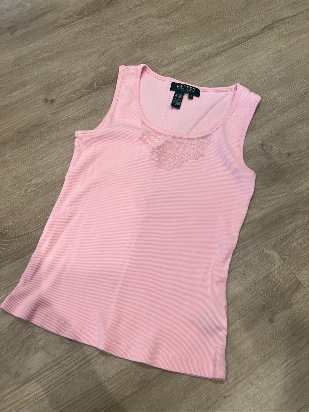 Lauren Ralph Lauren Light Pink Lace Trim Ribbed Tank